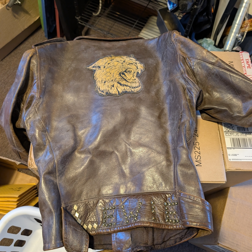 Brown Leather Jacket with Embroidered Tiger Patch
